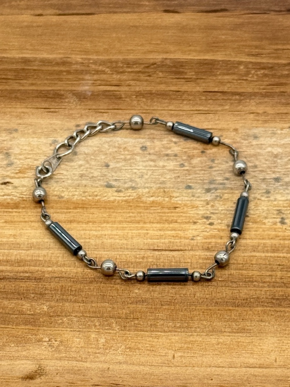 Hematite and Silver-Tone Beaded Bracelet